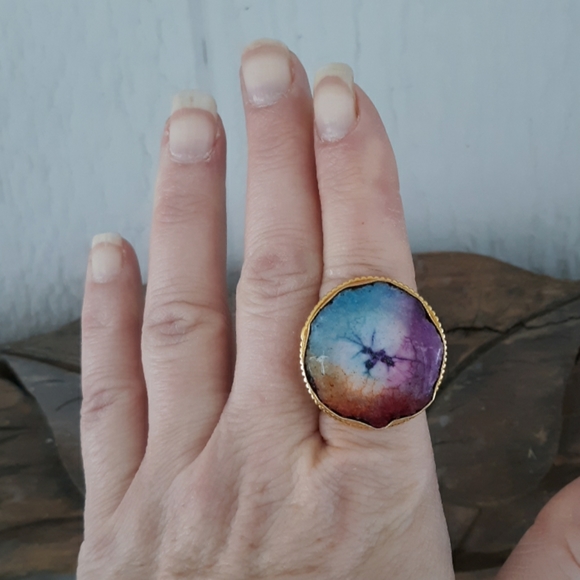 New Gold Plated Rainbow Solar Quartz Stamped Ring. - Picture 5 of 8